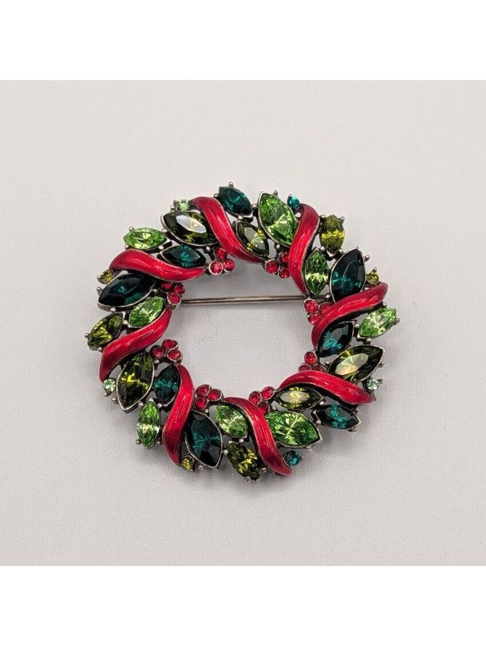 Vintage Holiday Wreath Brooch with Red Ribbon and Green Rhinestones